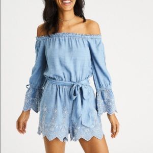 off the shoulder denim romper